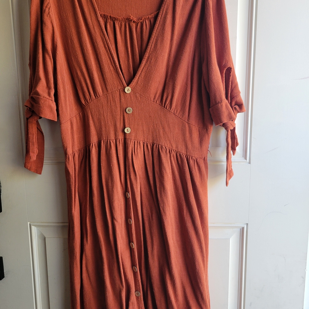 Rust Midi Dress with Button Detail